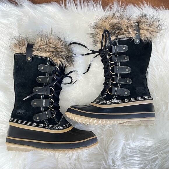 Sorel | Women’s Black Joan of Arctic Faux Fur Snow Boots Suede Lace-Up Winter 6 - Picture 1 of 9
